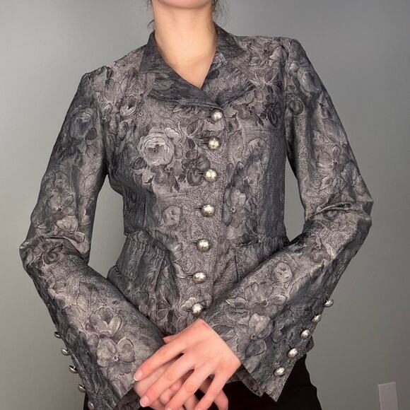 Silver floral print button up blazer jacket formal asymetrical eu 40 / us small - Picture 2 of 8